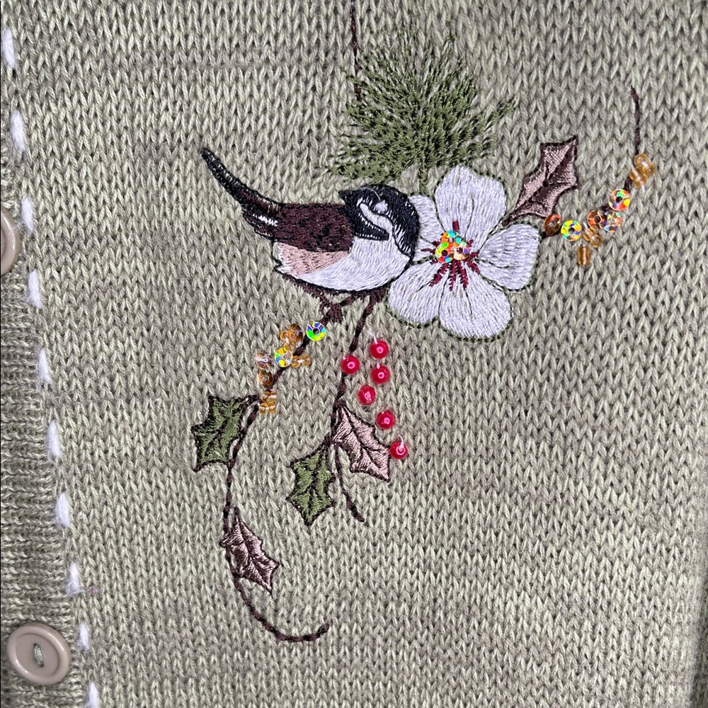 Vintage Blair Olive Embroidered Cardigan Grandmacore Holiday Birds Size Large - Picture 4 of 8
